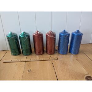 1994 Lillian Vernon Metallic Pillar Candles -6- Green, Red, Blue - 6"